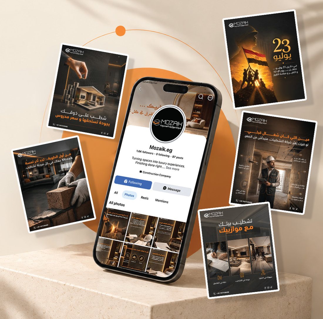 Mozaik social media posts shown around a phone mockup