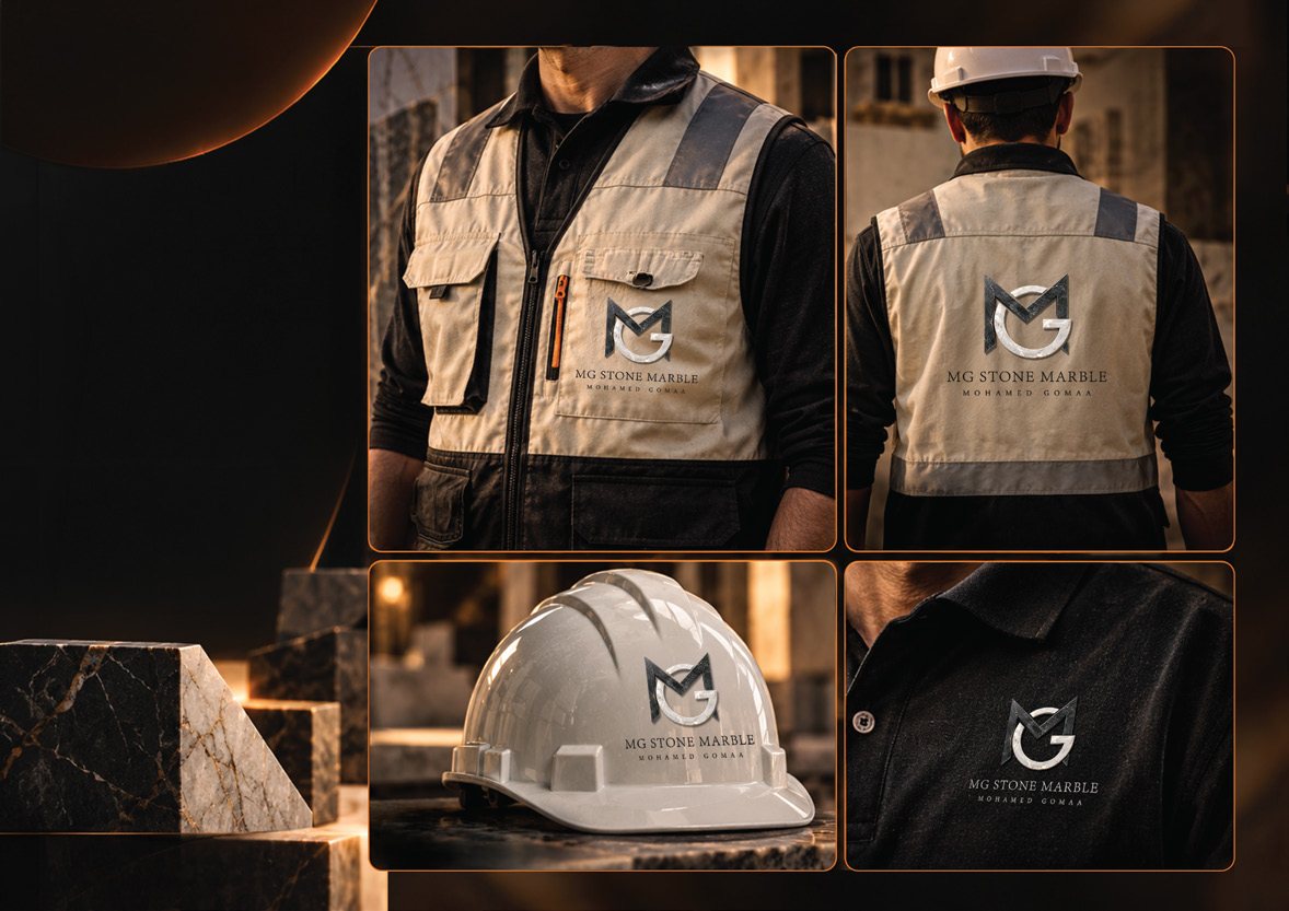 MG Stone Marble logo on a work vest, helmet and polo